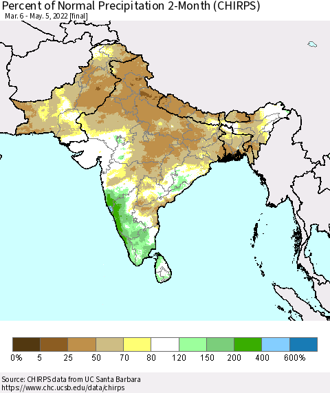 Southern Asia Percent of Normal Precipitation 2-Month (CHIRPS) Thematic Map For 3/6/2022 - 5/5/2022