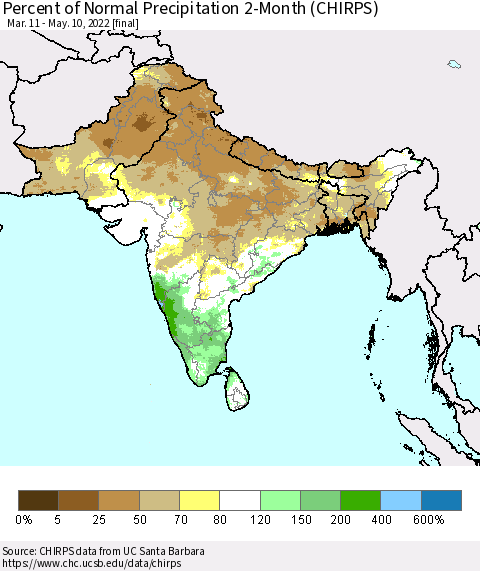 Southern Asia Percent of Normal Precipitation 2-Month (CHIRPS) Thematic Map For 3/11/2022 - 5/10/2022