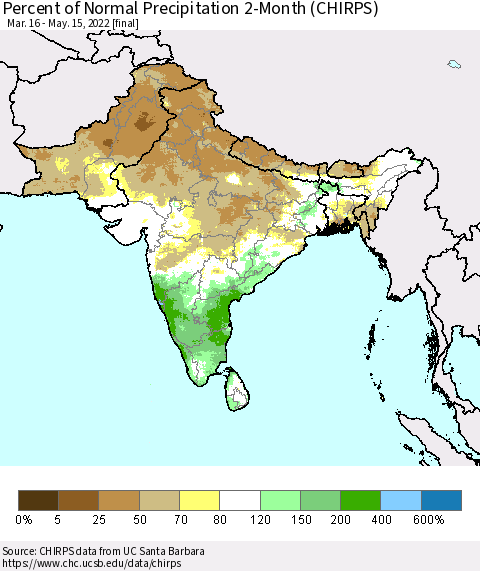 Southern Asia Percent of Normal Precipitation 2-Month (CHIRPS) Thematic Map For 3/16/2022 - 5/15/2022