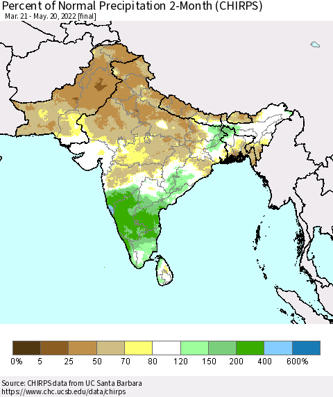 Southern Asia Percent of Normal Precipitation 2-Month (CHIRPS) Thematic Map For 3/21/2022 - 5/20/2022