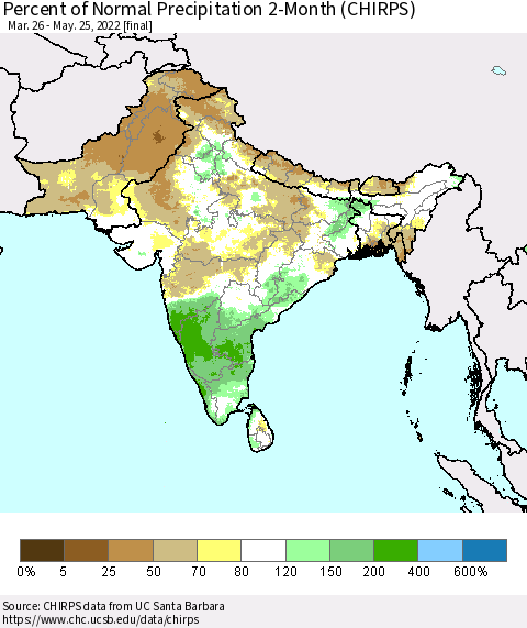 Southern Asia Percent of Normal Precipitation 2-Month (CHIRPS) Thematic Map For 3/26/2022 - 5/25/2022