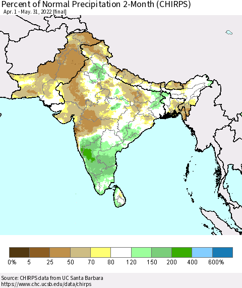 Southern Asia Percent of Normal Precipitation 2-Month (CHIRPS) Thematic Map For 4/1/2022 - 5/31/2022