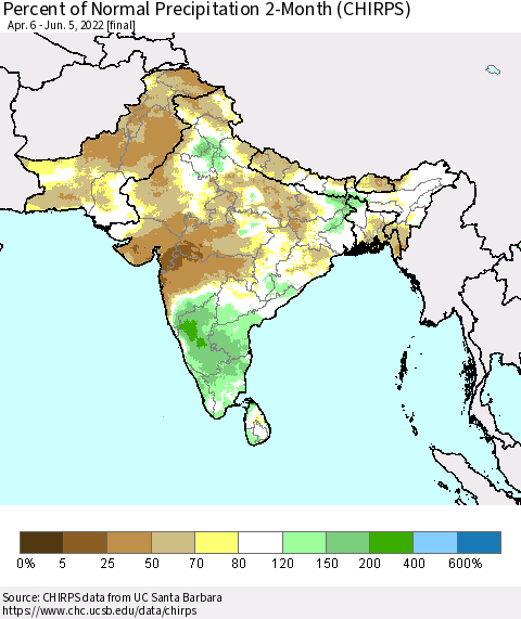 Southern Asia Percent of Normal Precipitation 2-Month (CHIRPS) Thematic Map For 4/6/2022 - 6/5/2022