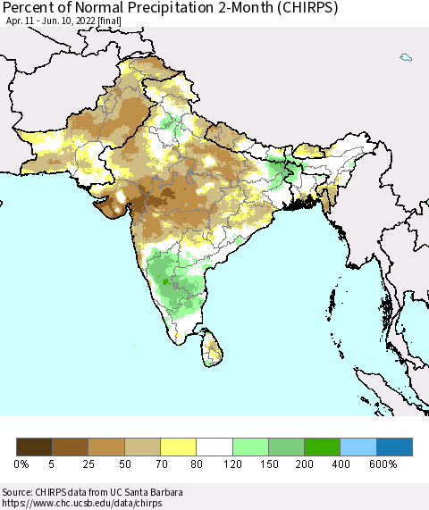 Southern Asia Percent of Normal Precipitation 2-Month (CHIRPS) Thematic Map For 4/11/2022 - 6/10/2022