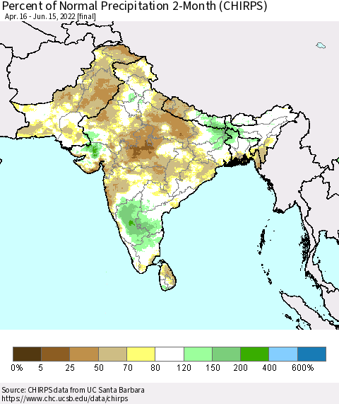 Southern Asia Percent of Normal Precipitation 2-Month (CHIRPS) Thematic Map For 4/16/2022 - 6/15/2022