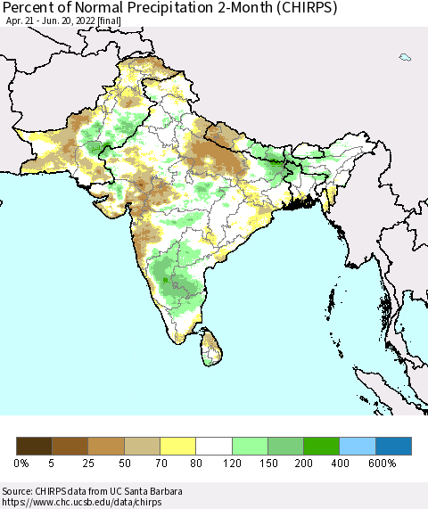 Southern Asia Percent of Normal Precipitation 2-Month (CHIRPS) Thematic Map For 4/21/2022 - 6/20/2022