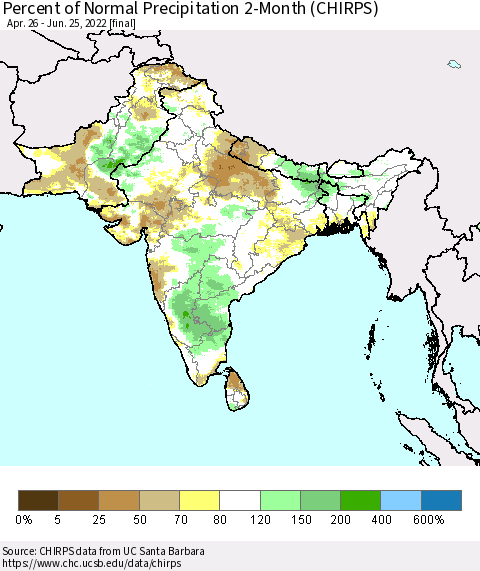 Southern Asia Percent of Normal Precipitation 2-Month (CHIRPS) Thematic Map For 4/26/2022 - 6/25/2022