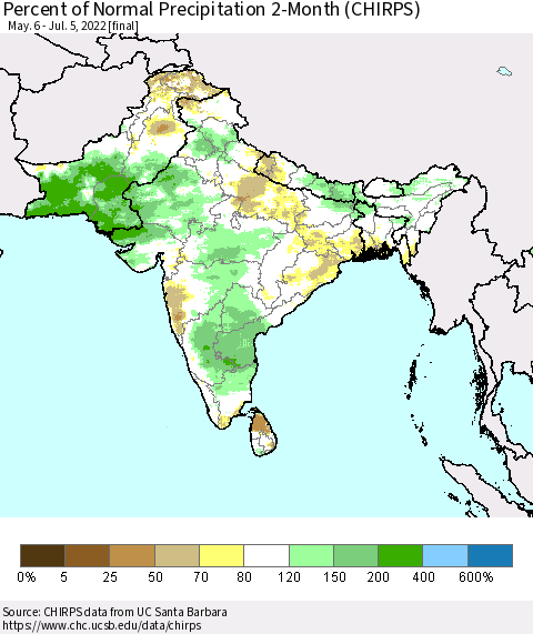 Southern Asia Percent of Normal Precipitation 2-Month (CHIRPS) Thematic Map For 5/6/2022 - 7/5/2022