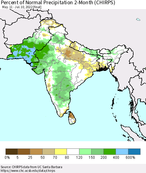 Southern Asia Percent of Normal Precipitation 2-Month (CHIRPS) Thematic Map For 5/11/2022 - 7/10/2022