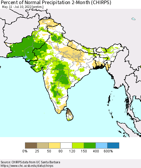 Southern Asia Percent of Normal Precipitation 2-Month (CHIRPS) Thematic Map For 5/11/2022 - 7/10/2022