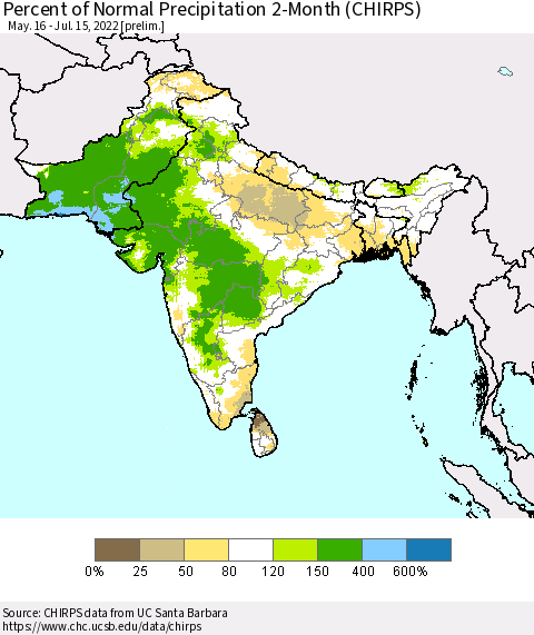 Southern Asia Percent of Normal Precipitation 2-Month (CHIRPS) Thematic Map For 5/16/2022 - 7/15/2022