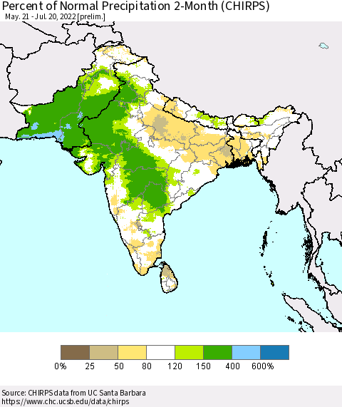 Southern Asia Percent of Normal Precipitation 2-Month (CHIRPS) Thematic Map For 5/21/2022 - 7/20/2022
