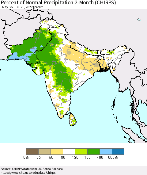 Southern Asia Percent of Normal Precipitation 2-Month (CHIRPS) Thematic Map For 5/26/2022 - 7/25/2022