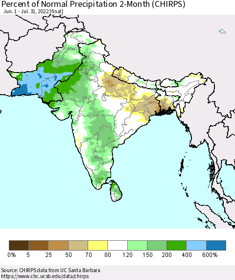Southern Asia Percent of Normal Precipitation 2-Month (CHIRPS) Thematic Map For 6/1/2022 - 7/31/2022
