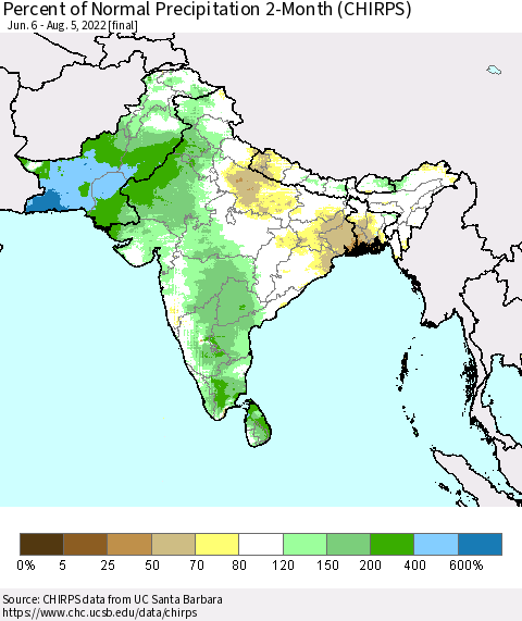 Southern Asia Percent of Normal Precipitation 2-Month (CHIRPS) Thematic Map For 6/6/2022 - 8/5/2022