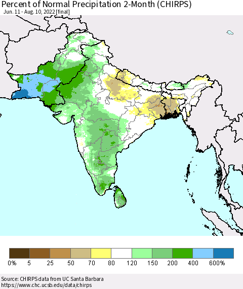 Southern Asia Percent of Normal Precipitation 2-Month (CHIRPS) Thematic Map For 6/11/2022 - 8/10/2022