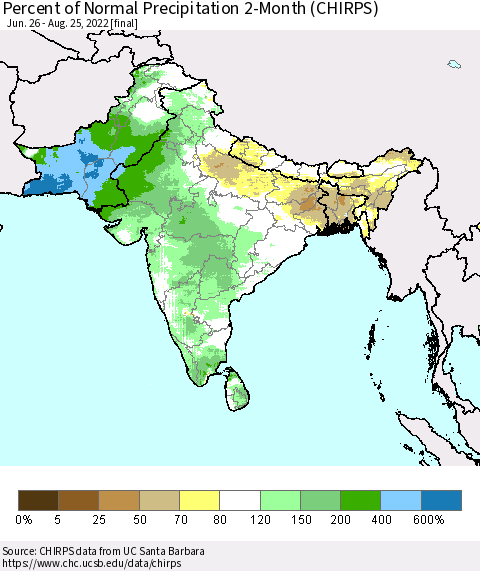 Southern Asia Percent of Normal Precipitation 2-Month (CHIRPS) Thematic Map For 6/26/2022 - 8/25/2022