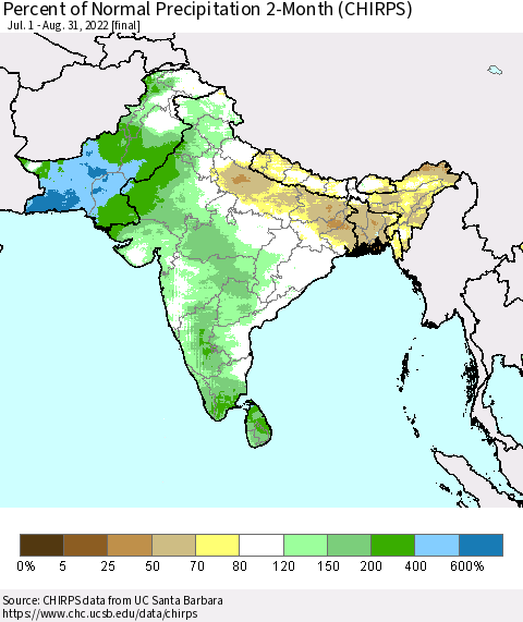 Southern Asia Percent of Normal Precipitation 2-Month (CHIRPS) Thematic Map For 7/1/2022 - 8/31/2022