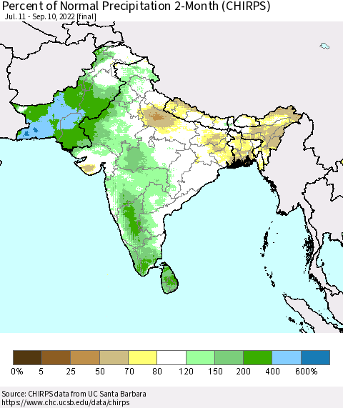 Southern Asia Percent of Normal Precipitation 2-Month (CHIRPS) Thematic Map For 7/11/2022 - 9/10/2022