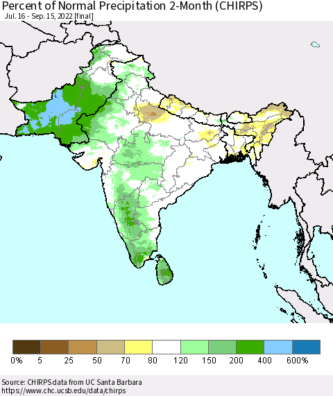 Southern Asia Percent of Normal Precipitation 2-Month (CHIRPS) Thematic Map For 7/16/2022 - 9/15/2022