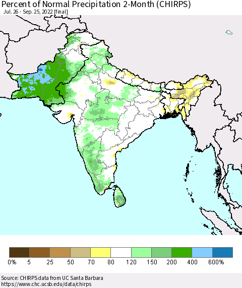 Southern Asia Percent of Normal Precipitation 2-Month (CHIRPS) Thematic Map For 7/26/2022 - 9/25/2022