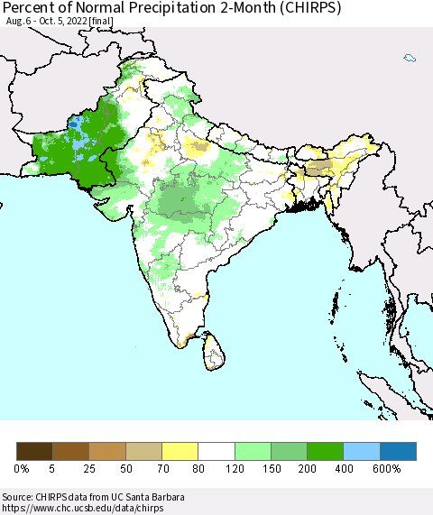 Southern Asia Percent of Normal Precipitation 2-Month (CHIRPS) Thematic Map For 8/6/2022 - 10/5/2022