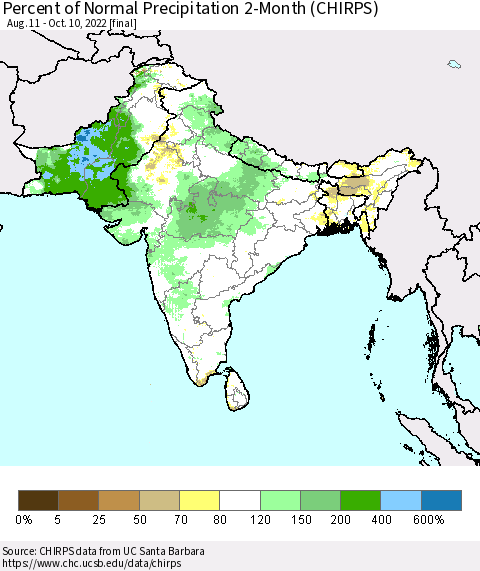 Southern Asia Percent of Normal Precipitation 2-Month (CHIRPS) Thematic Map For 8/11/2022 - 10/10/2022