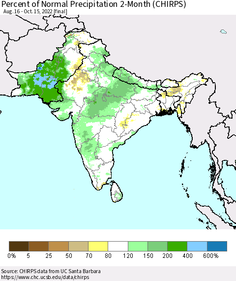 Southern Asia Percent of Normal Precipitation 2-Month (CHIRPS) Thematic Map For 8/16/2022 - 10/15/2022