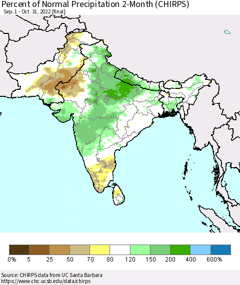 Southern Asia Percent of Normal Precipitation 2-Month (CHIRPS) Thematic Map For 9/1/2022 - 10/31/2022