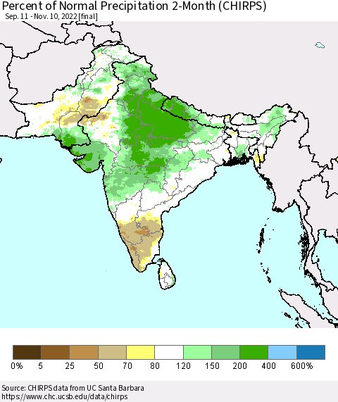 Southern Asia Percent of Normal Precipitation 2-Month (CHIRPS) Thematic Map For 9/11/2022 - 11/10/2022