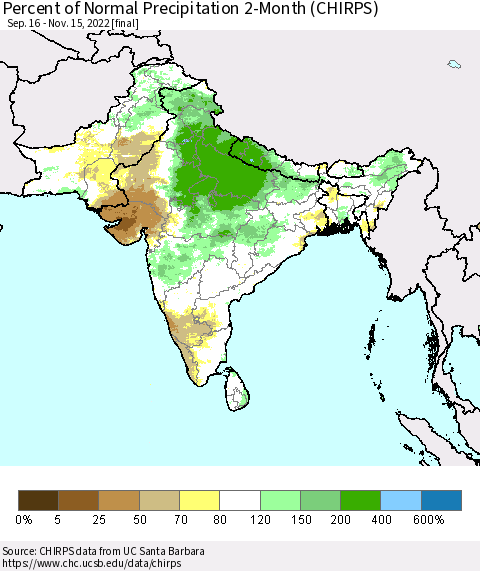Southern Asia Percent of Normal Precipitation 2-Month (CHIRPS) Thematic Map For 9/16/2022 - 11/15/2022