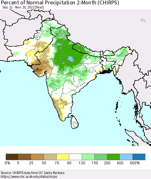 Southern Asia Percent of Normal Precipitation 2-Month (CHIRPS) Thematic Map For 9/21/2022 - 11/20/2022