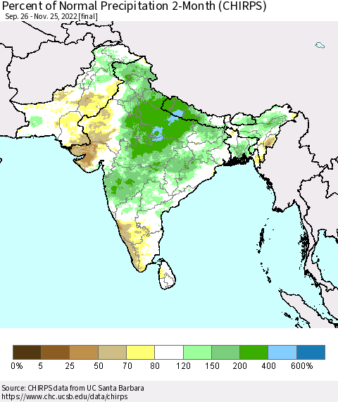 Southern Asia Percent of Normal Precipitation 2-Month (CHIRPS) Thematic Map For 9/26/2022 - 11/25/2022