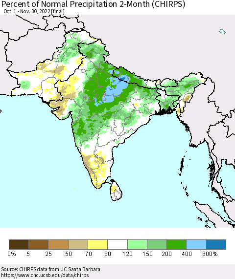 Southern Asia Percent of Normal Precipitation 2-Month (CHIRPS) Thematic Map For 10/1/2022 - 11/30/2022
