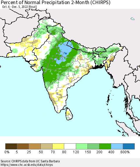 Southern Asia Percent of Normal Precipitation 2-Month (CHIRPS) Thematic Map For 10/6/2022 - 12/5/2022