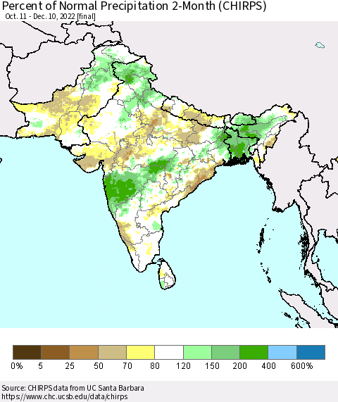 Southern Asia Percent of Normal Precipitation 2-Month (CHIRPS) Thematic Map For 10/11/2022 - 12/10/2022