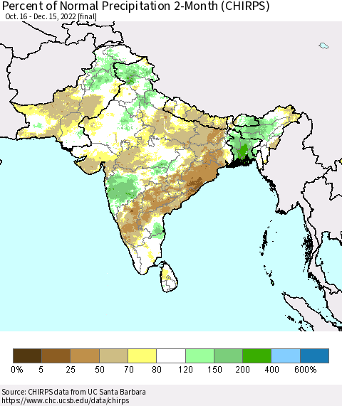 Southern Asia Percent of Normal Precipitation 2-Month (CHIRPS) Thematic Map For 10/16/2022 - 12/15/2022