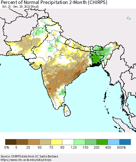 Southern Asia Percent of Normal Precipitation 2-Month (CHIRPS) Thematic Map For 10/21/2022 - 12/20/2022