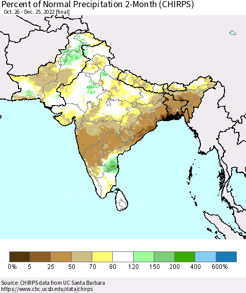 Southern Asia Percent of Normal Precipitation 2-Month (CHIRPS) Thematic Map For 10/26/2022 - 12/25/2022