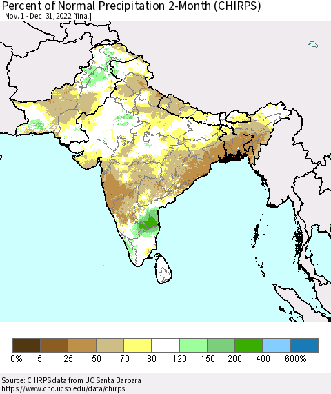 Southern Asia Percent of Normal Precipitation 2-Month (CHIRPS) Thematic Map For 11/1/2022 - 12/31/2022