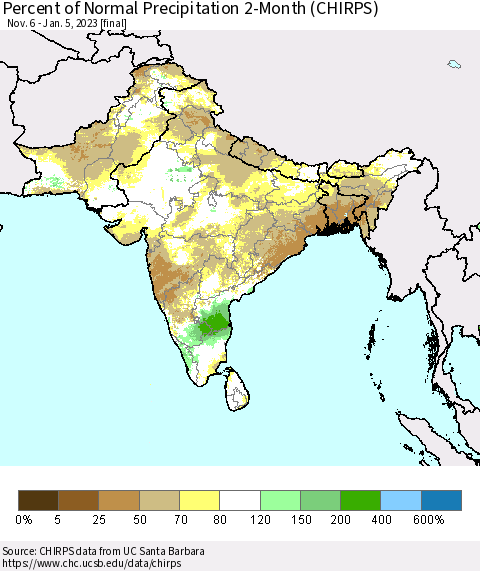 Southern Asia Percent of Normal Precipitation 2-Month (CHIRPS) Thematic Map For 11/6/2022 - 1/5/2023