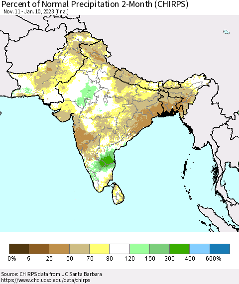 Southern Asia Percent of Normal Precipitation 2-Month (CHIRPS) Thematic Map For 11/11/2022 - 1/10/2023