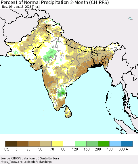 Southern Asia Percent of Normal Precipitation 2-Month (CHIRPS) Thematic Map For 11/16/2022 - 1/15/2023