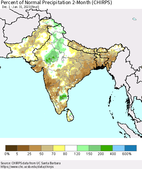 Southern Asia Percent of Normal Precipitation 2-Month (CHIRPS) Thematic Map For 12/1/2022 - 1/31/2023