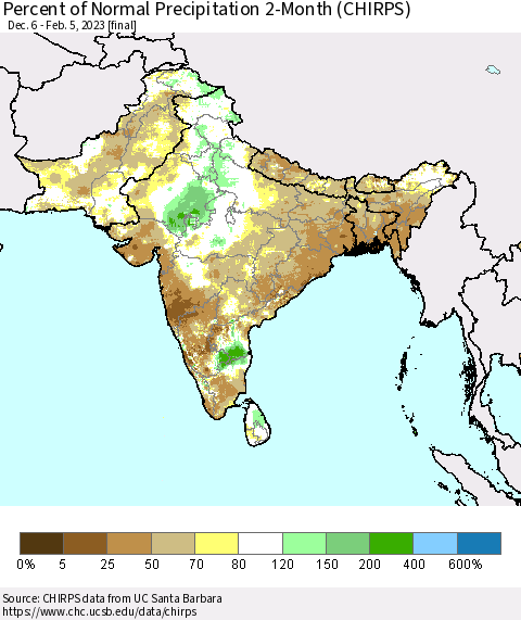 Southern Asia Percent of Normal Precipitation 2-Month (CHIRPS) Thematic Map For 12/6/2022 - 2/5/2023