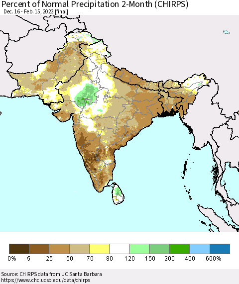 Southern Asia Percent of Normal Precipitation 2-Month (CHIRPS) Thematic Map For 12/16/2022 - 2/15/2023