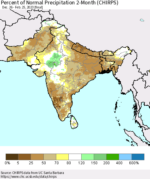 Southern Asia Percent of Normal Precipitation 2-Month (CHIRPS) Thematic Map For 12/26/2022 - 2/25/2023