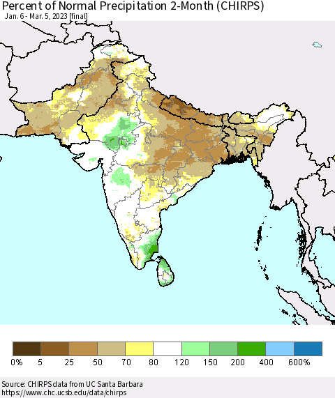 Southern Asia Percent of Normal Precipitation 2-Month (CHIRPS) Thematic Map For 1/6/2023 - 3/5/2023