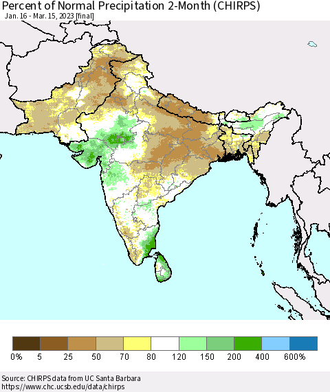Southern Asia Percent of Normal Precipitation 2-Month (CHIRPS) Thematic Map For 1/16/2023 - 3/15/2023