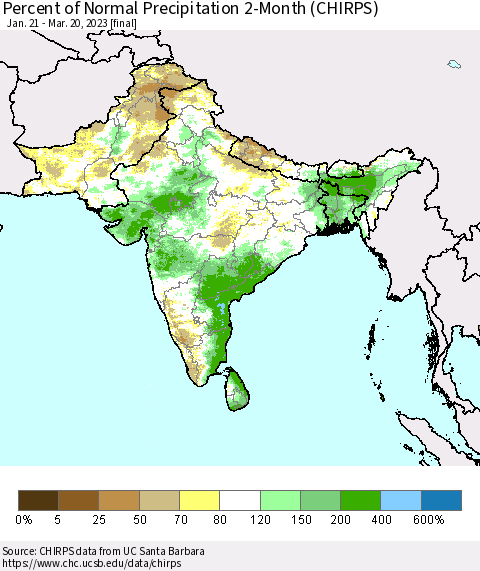 Southern Asia Percent of Normal Precipitation 2-Month (CHIRPS) Thematic Map For 1/21/2023 - 3/20/2023